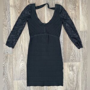 BEBE Y2K Black Bandage Bodycon Dress Lace Sleeves Back Zipper Size S